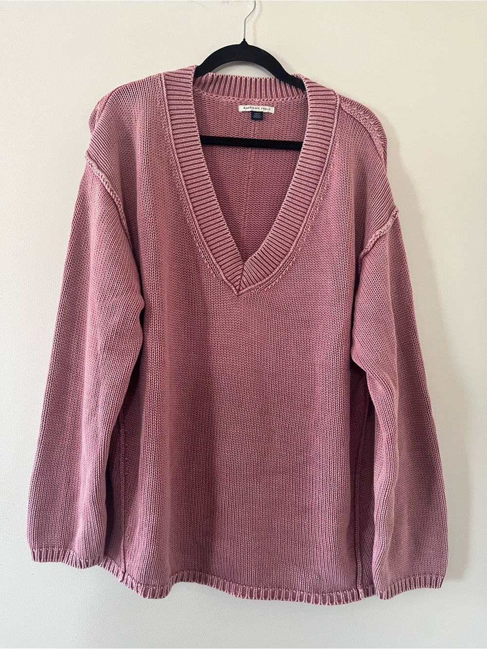 American Eagle Pink V Neck Knit Oversized Sweater Small Relaxed Cozy Coastal